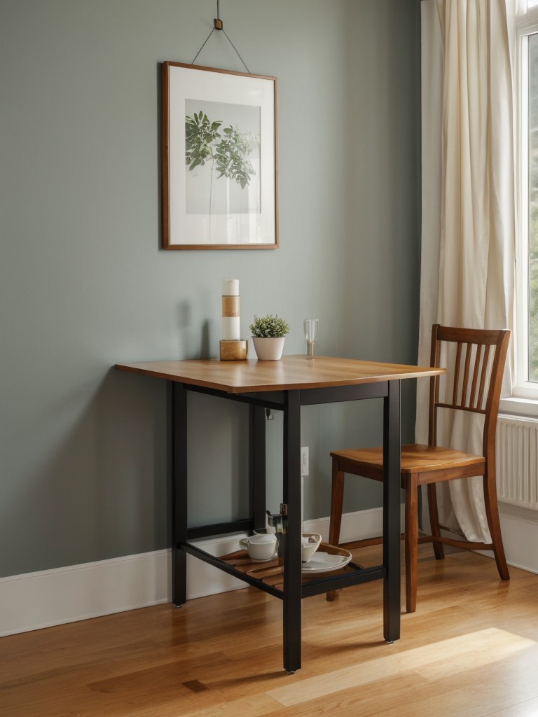 Utilize space-saving solutions like a wall-mounted drop-leaf table for dining or working if your small apartment lacks a dedicated dining area.