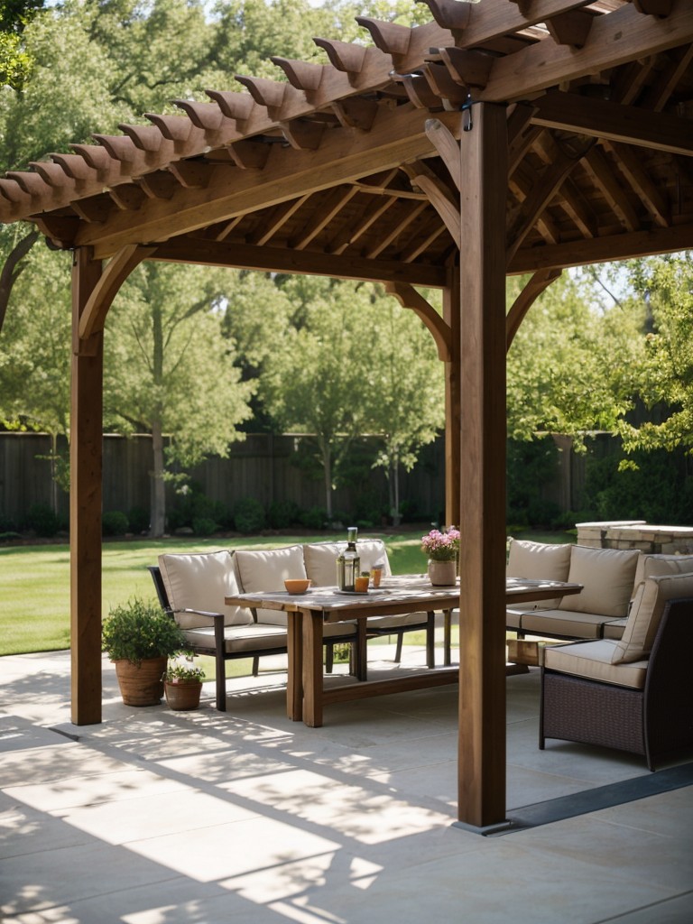 Consider adding a pergola or shade structure to create a covered seating area and protect delicate plants from direct sunlight.