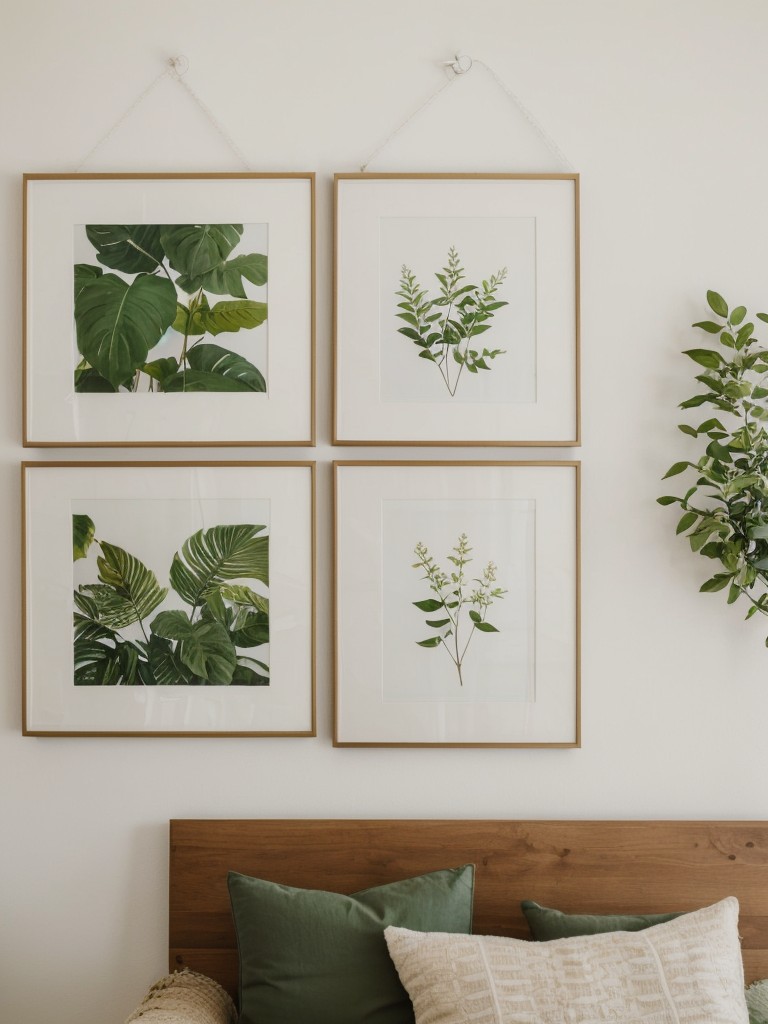 Create a garden-themed gallery wall inside your apartment by displaying framed botanical prints or nature-inspired artwork.