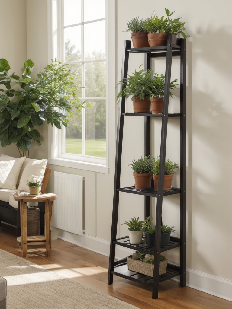 Maximize space by using multi-tiered plant stands or shelving units for displaying various plants and flowers.