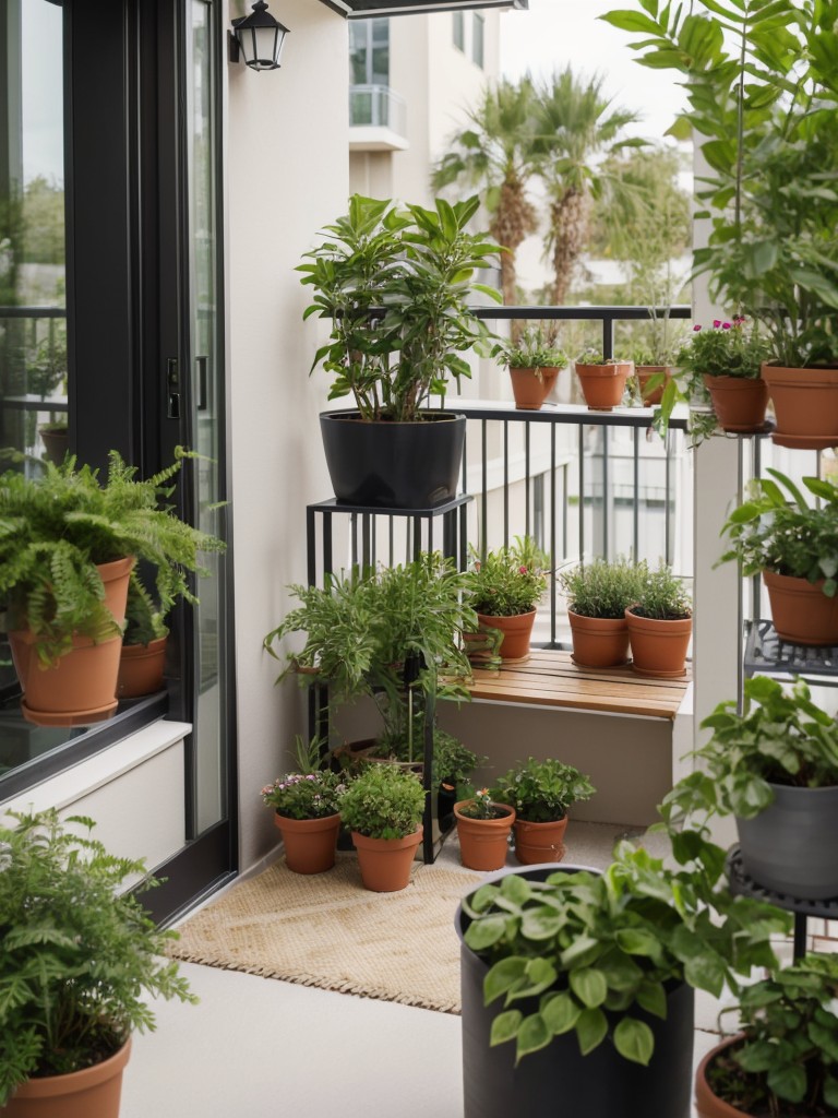 Utilize balcony space by adding potted plants, herbs, or small trees for a mini oasis.