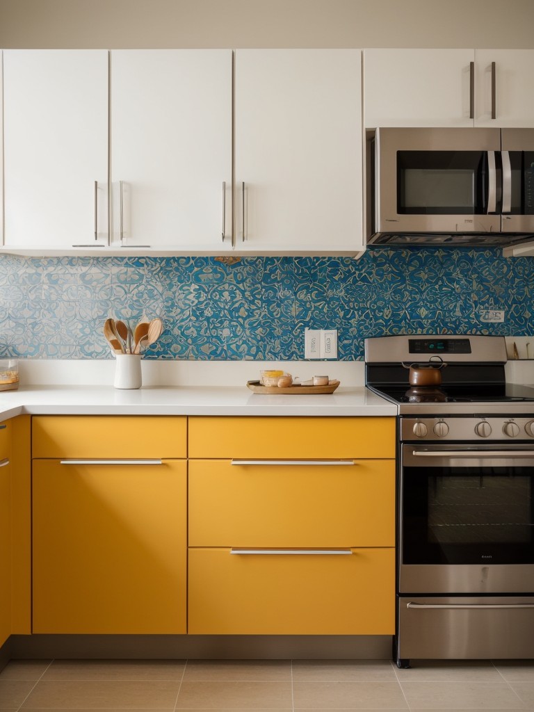 Experiment with bold patterns and colors for backsplashes or kitchen accessories to add personality to the space.
