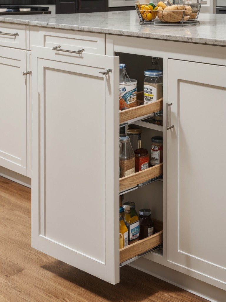 Incorporate practical solutions like a pull-out pantry or a compact kitchen island with built-in storage.