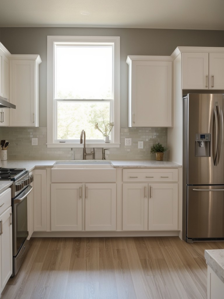 Opt for light-colored cabinets and countertops to create an illusion of a bigger space.