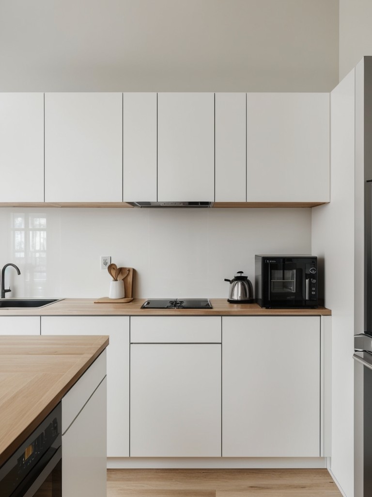Opt for a minimalist design approach, keeping the kitchen clutter-free and focusing on essential appliances and utensils.