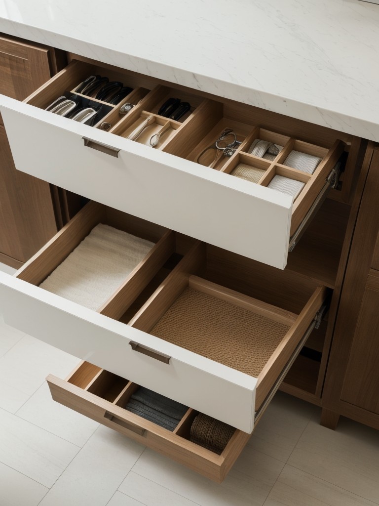 Utilize innovative storage solutions like pull-out drawer systems and corner carousels for efficient use of space.
