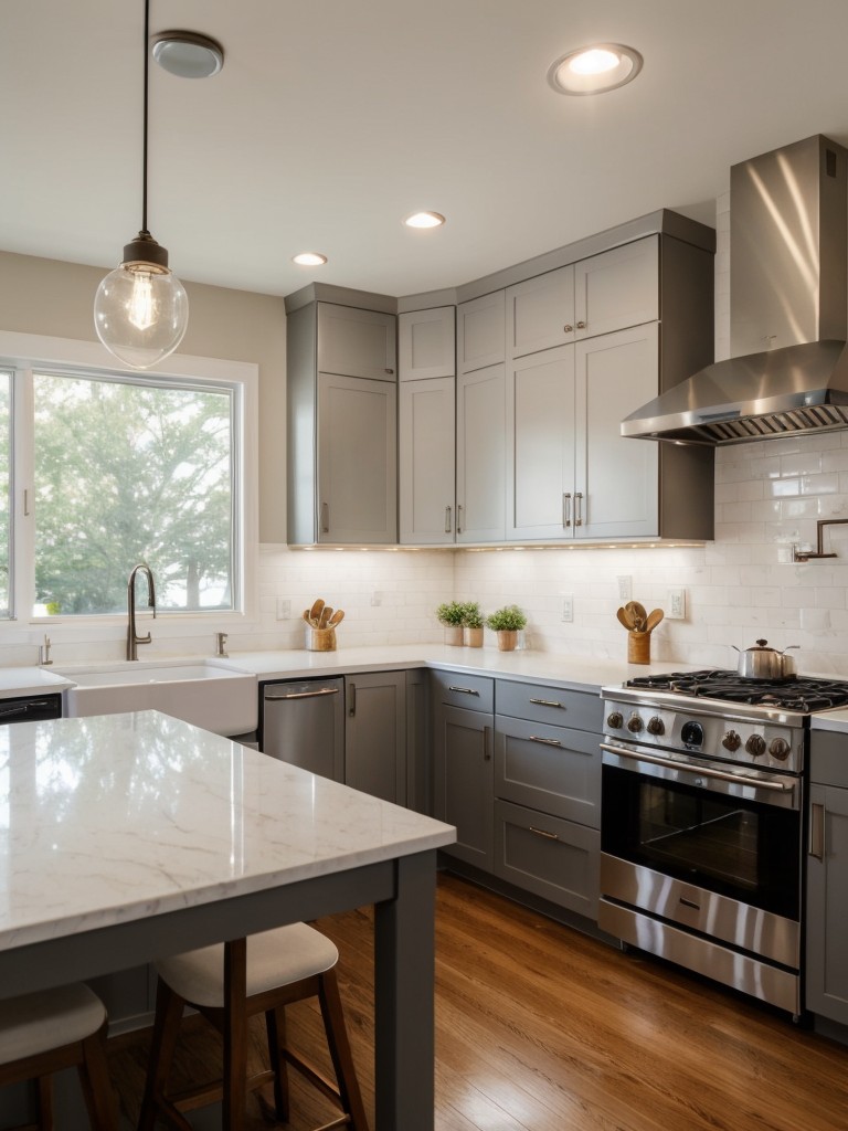 Utilize recessed lighting and pendant lights to brighten up the kitchen and make it feel more spacious.