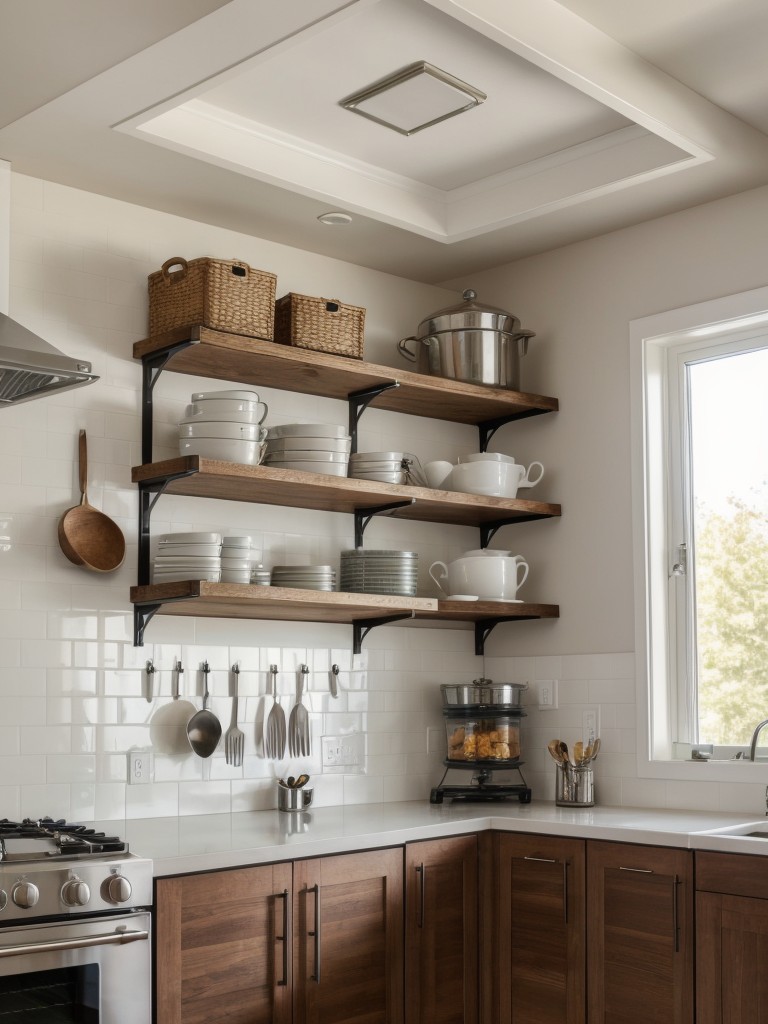 Utilize smart storage solutions like magnetic knife strips and ceiling-hung pot racks.