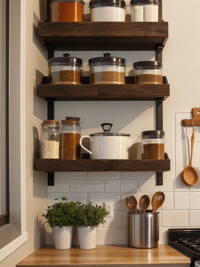 Utilize vertical space with hanging pots and pans storage, floating shelves, and wall-mounted spice racks.