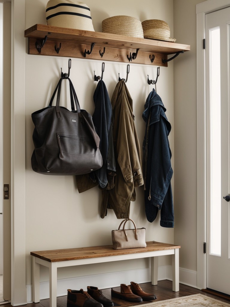 Hang wall-mounted hooks or racks in the entryway to keep coats, bags, and hats organized and off the floor.