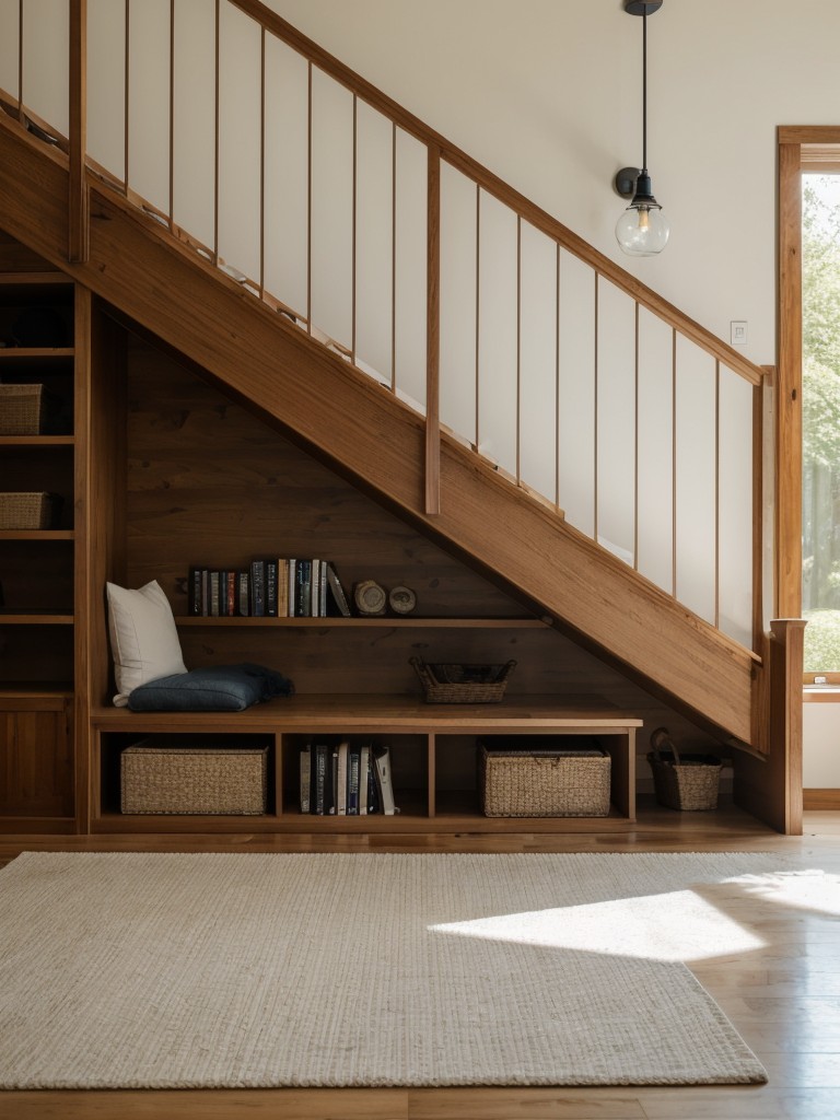 Utilize the empty space under the stairs by turning it into a cozy reading nook or storage area.