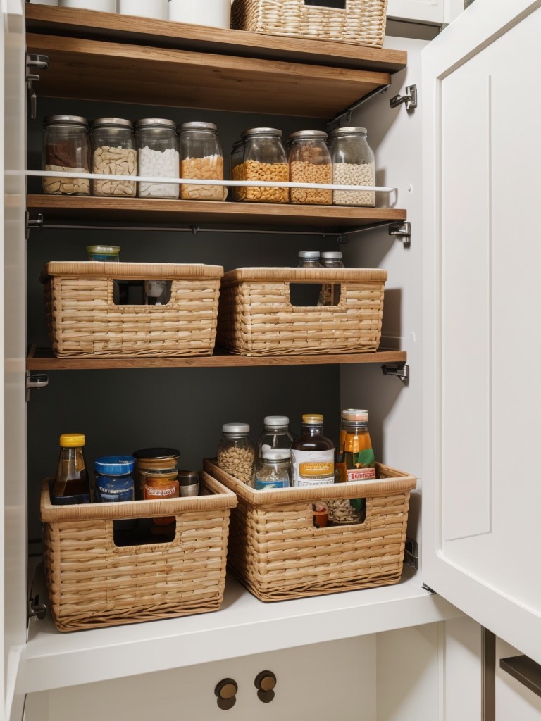 Utilize the space above kitchen cabinets or fridge for additional storage by installing floating shelves or using baskets to organically display items.