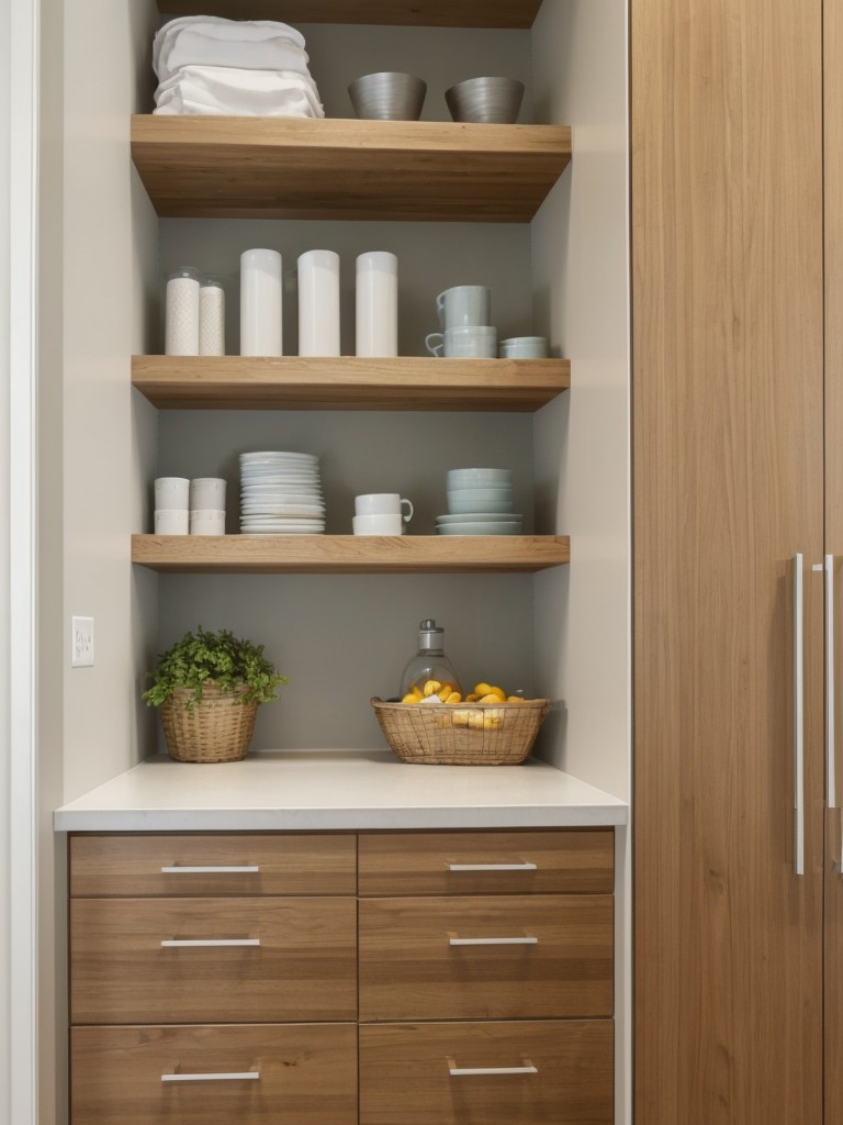 Use floating shelves or wall-mounted cabinets to keep surfaces clutter-free and maximize floor space.