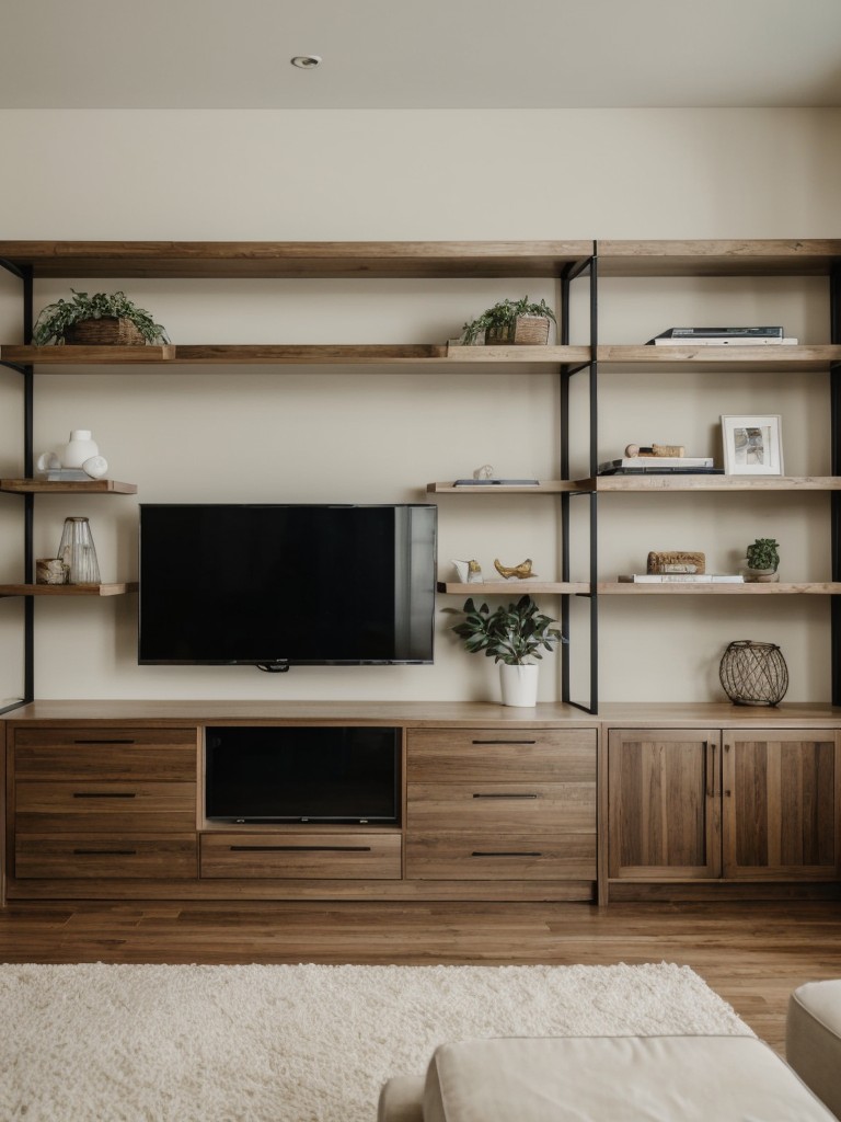 Utilize multifunctional furniture such as a sofa with built-in storage, a coffee table that doubles as a desk, or a wall-mounted TV stand with shelves for additional storage.