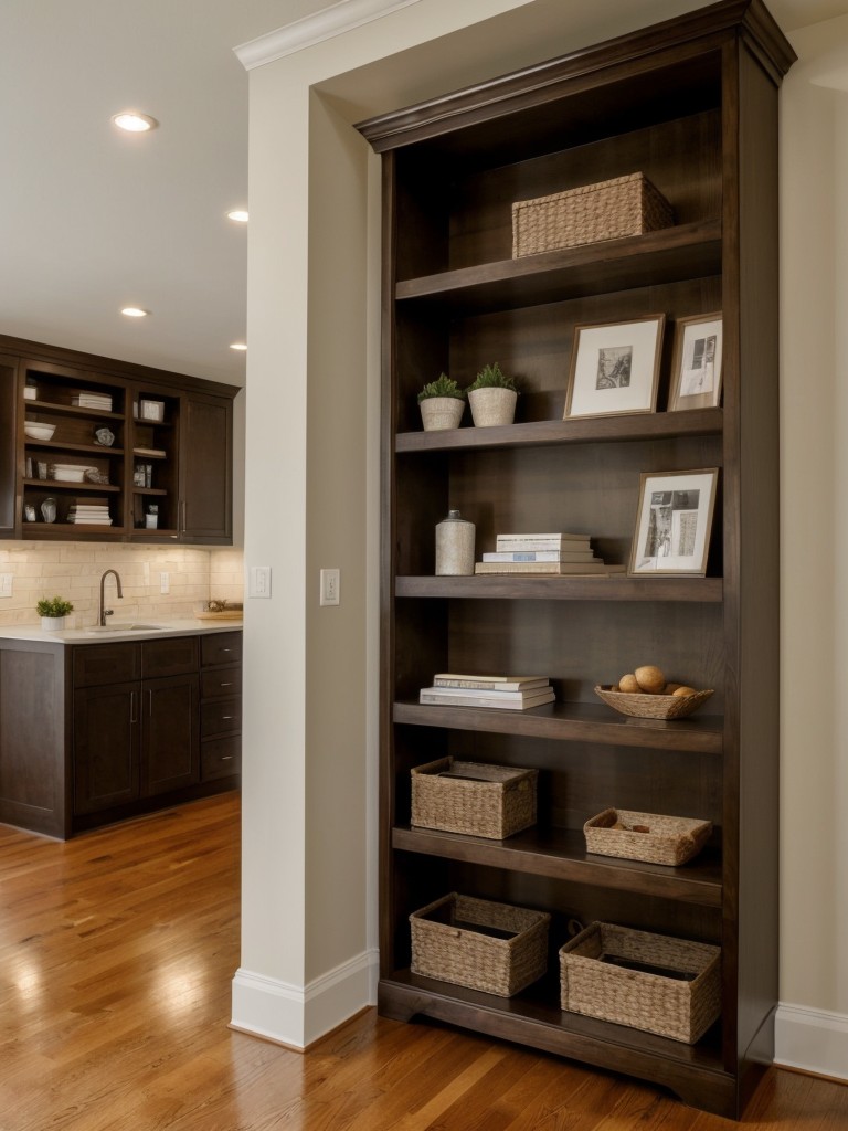 Utilize vertical space by hanging shelves or installing floor-to-ceiling bookcases for storage and display.