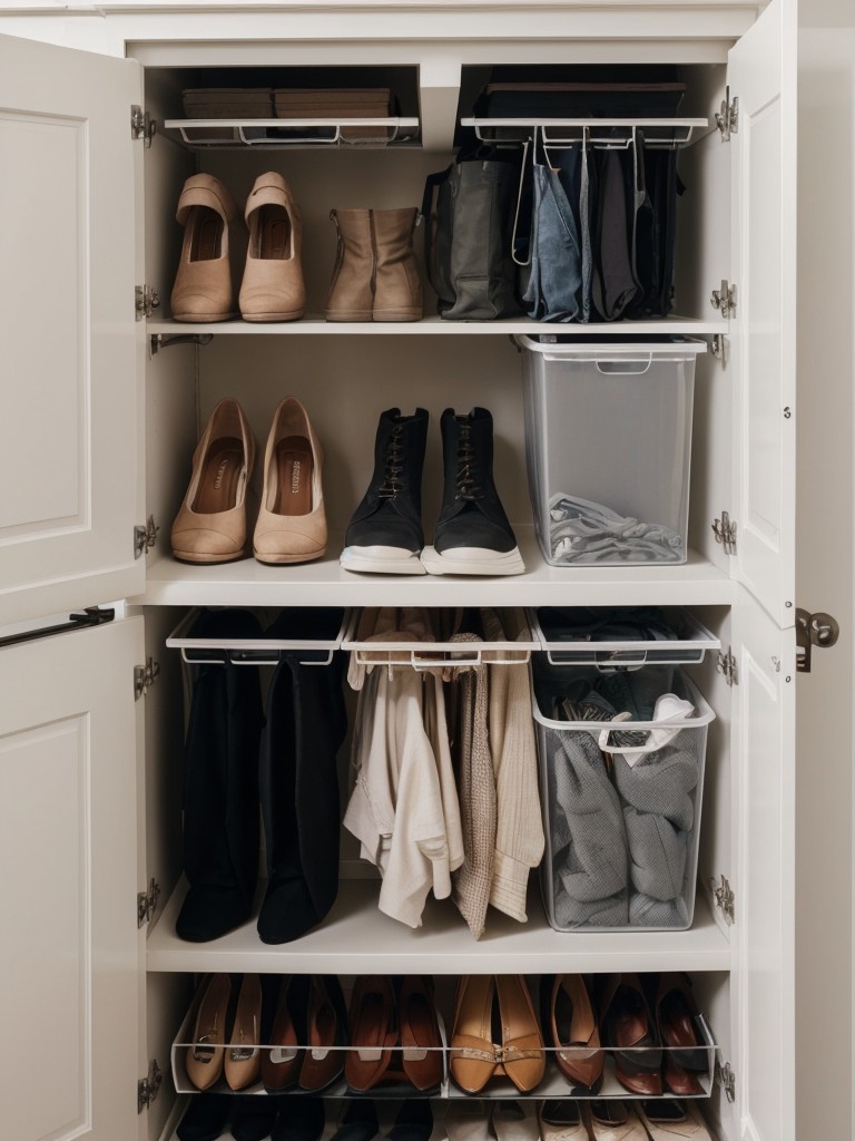Integrate plenty of smart storage solutions, such as under-bed storage bins, hanging shoe organizers, and hooks on walls for additional hanging space.