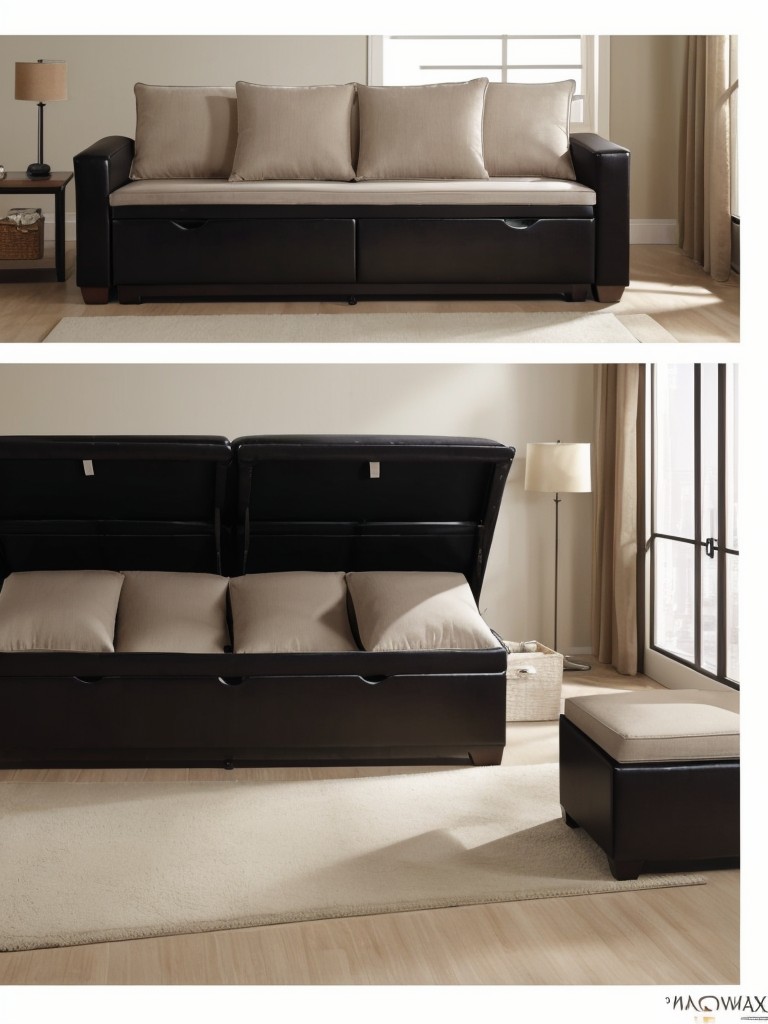 Maximize space with multifunctional furniture like a pull-out sofa bed or ottoman with storage capabilities.