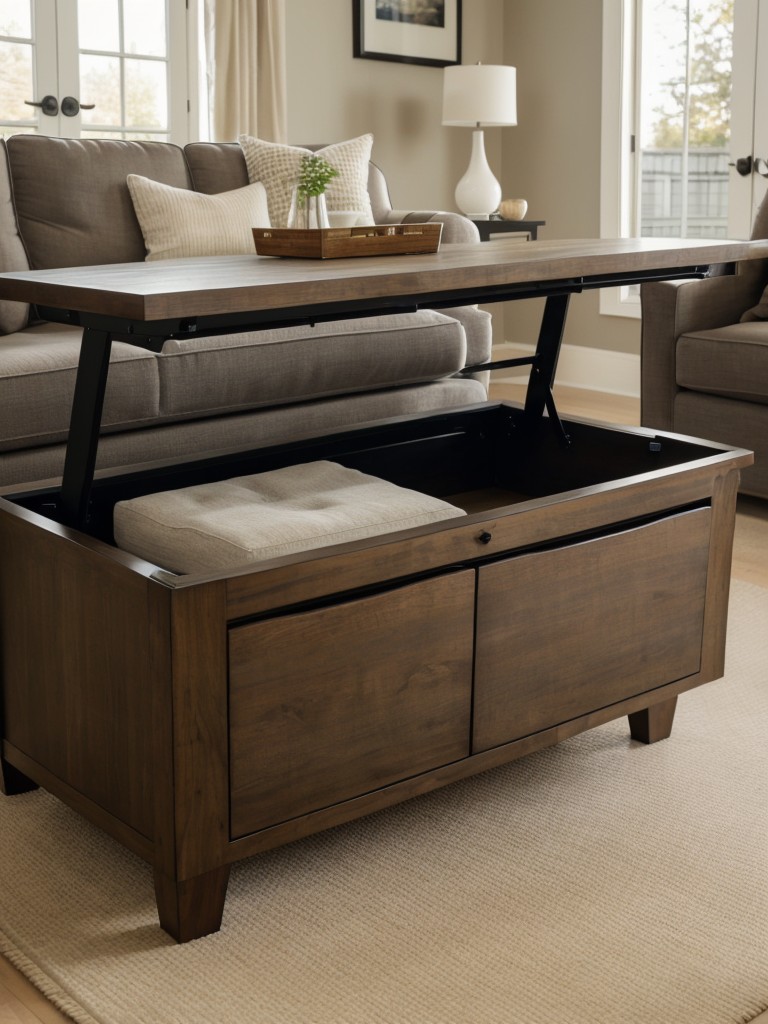 Opt for furniture with built-in storage compartments, such as a coffee table with hidden drawers or a bench with lift-up seats.
