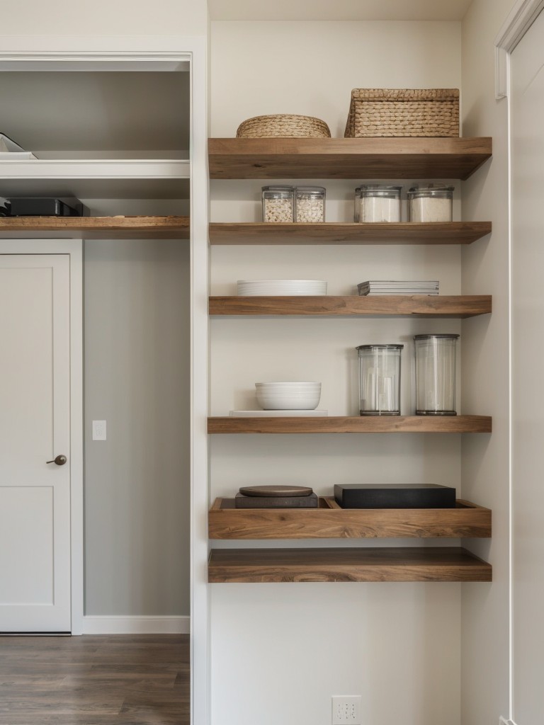Incorporate floating shelves and wall-mounted storage solutions to optimize storage while keeping the space visually open and clutter-free.