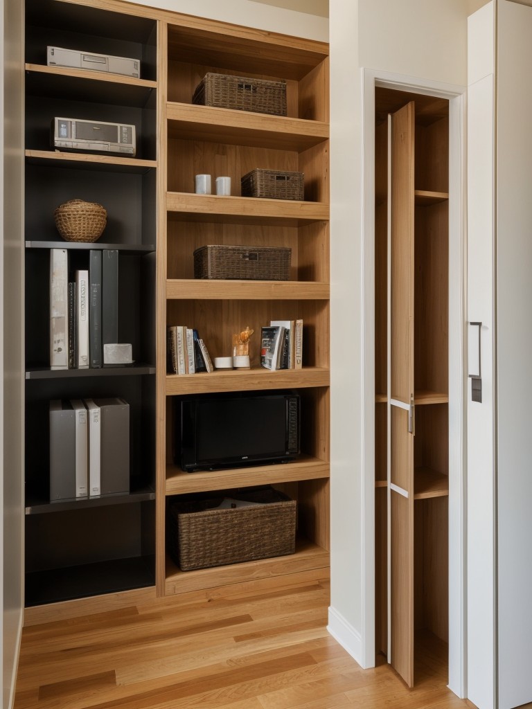 Utilize vertical space in your small open-concept apartment by installing high shelves or using floor-to-ceiling bookcases.