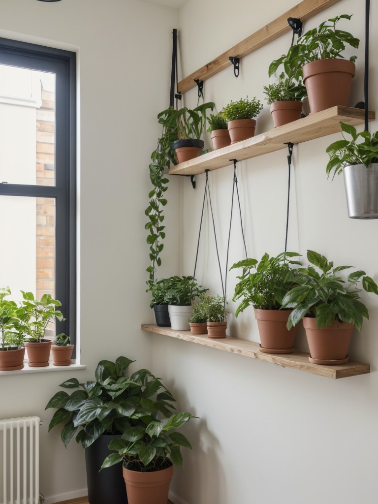 Install wall-mounted or hanging plants to bring life and greenery to a small space.