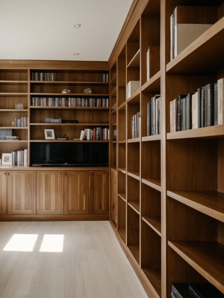 Maximize vertical space with tall bookshelves and floating shelves.