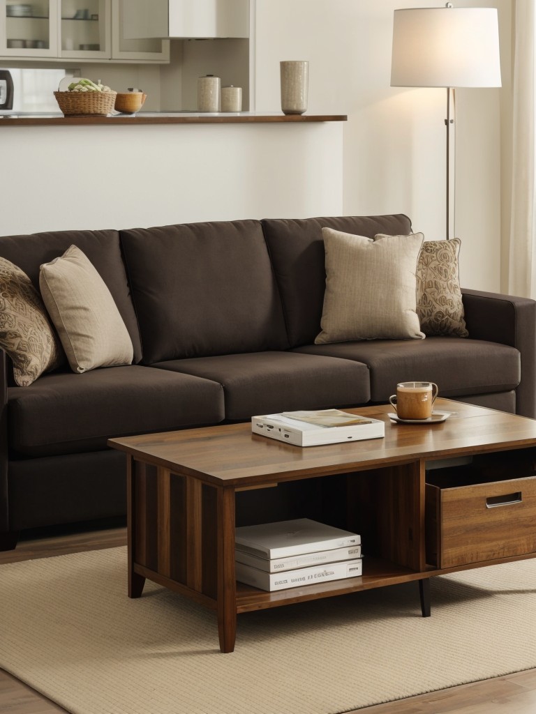 Utilize multifunctional furniture, such as a sofa with hidden storage or a coffee table that doubles as a desk.