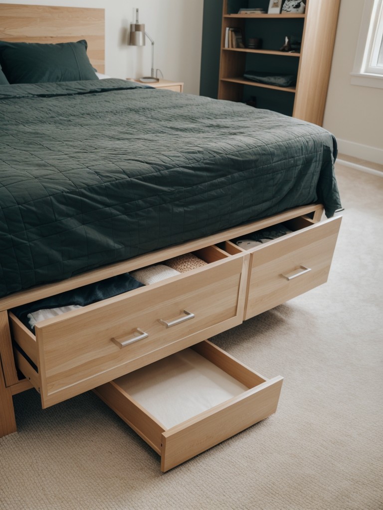 Utilize under-bed storage or opt for a bed with built-in drawers.