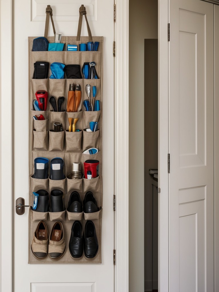 Make use of over-the-door organizers or hanging pockets to store frequently used items like shoes, accessories, or cleaning supplies.