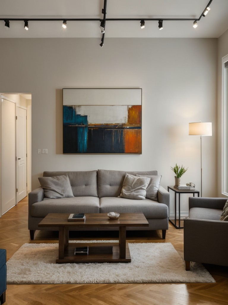 Art-inspired studio apartment design, using abstract paintings, gallery walls, and creative lighting to showcase a guy's artistic side.