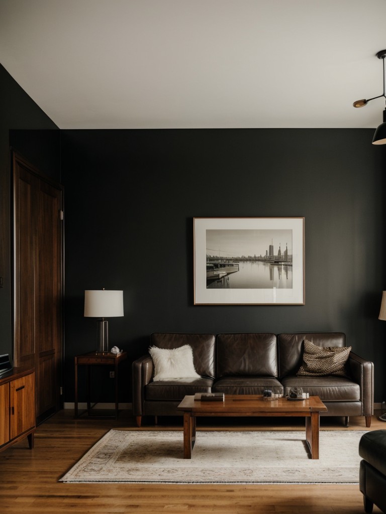 Classic bachelor pad studio apartment, incorporating leather furniture, dark wood finishes, and vintage-inspired decor for an elegant and sophisticated vibe.
