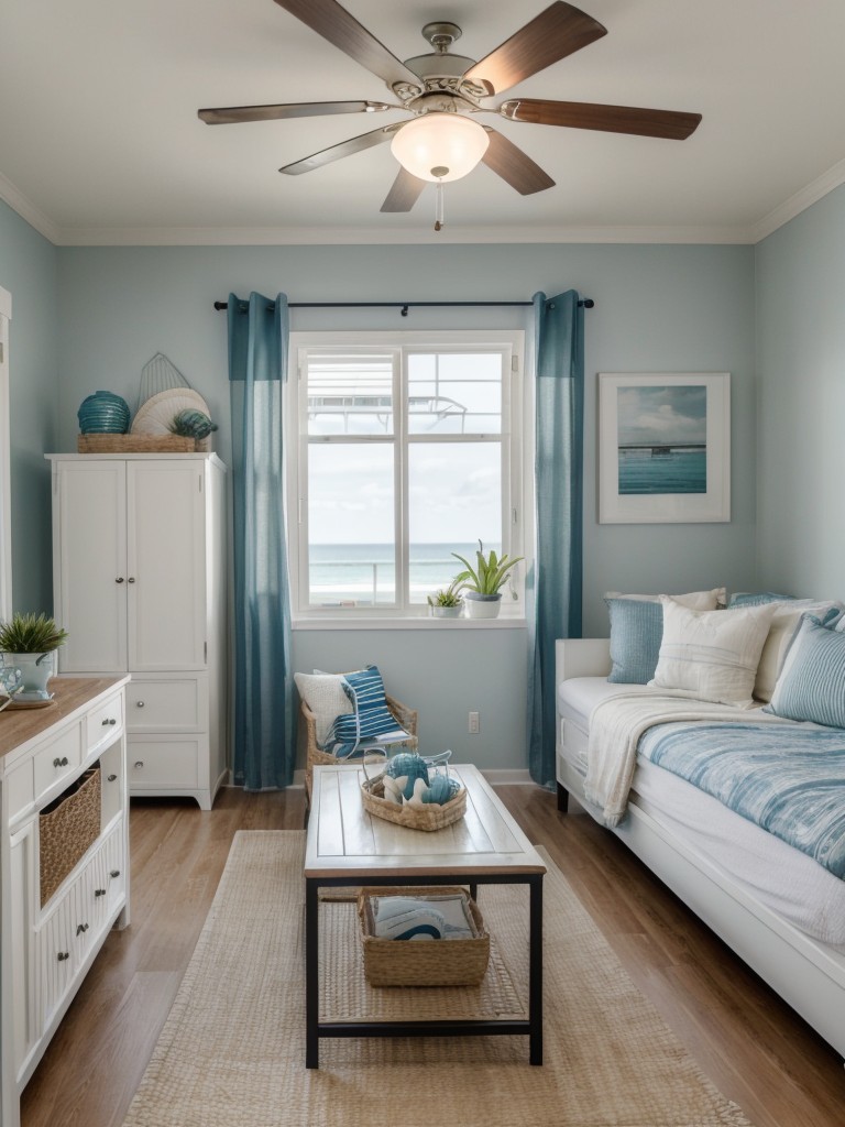 Coastal-inspired studio apartment decor, embracing light tones, nautical accents, and beach-inspired decor for a laid-back and relaxing atmosphere.