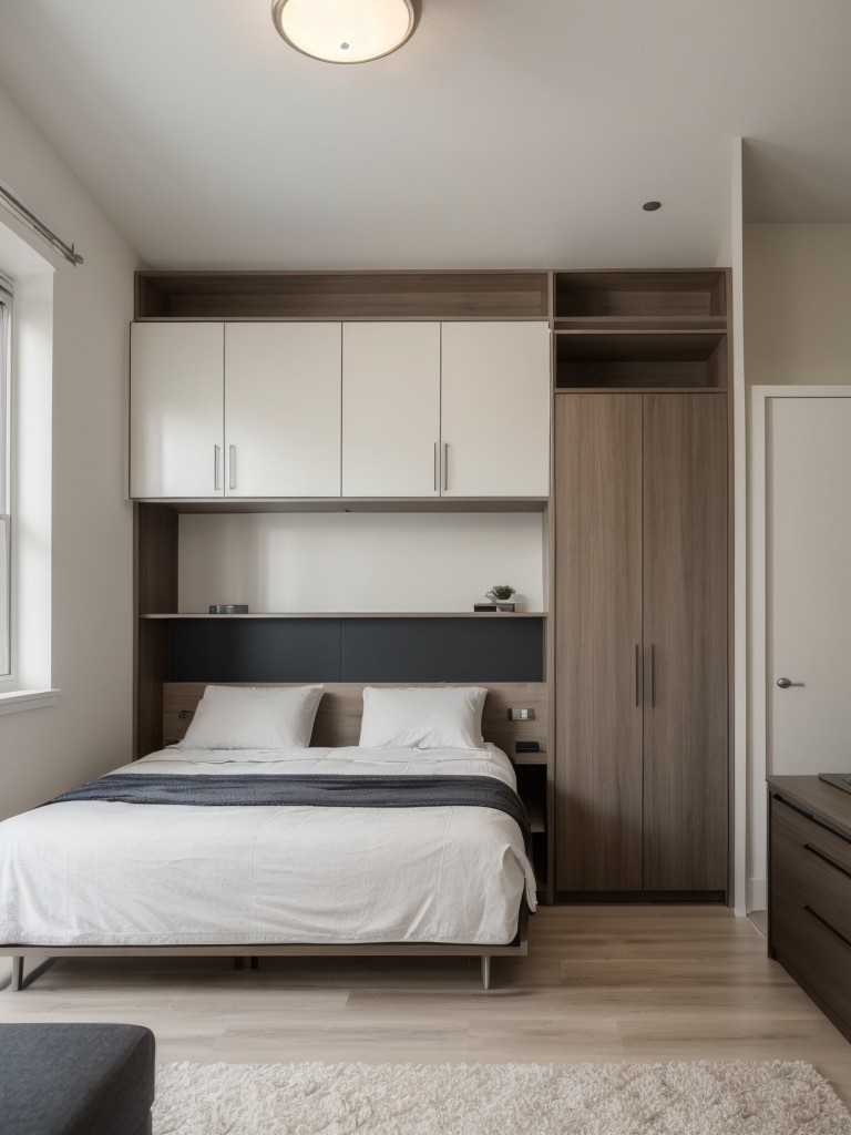 Compact studio apartment design, maximizing space with multi-purpose furniture, foldable beds, and wall-mounted storage for efficient organization.