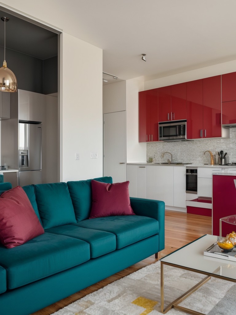 Contemporary studio apartment decor, using sleek furniture, metallic accents, and vibrant pops of color, resulting in a modern and stylish atmosphere.