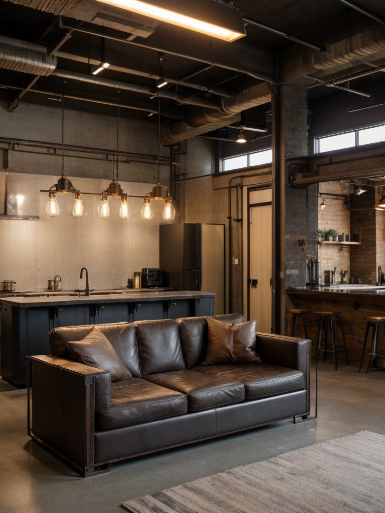 Industrial-chic studio apartment design, combining metal and wood elements, Edison bulb lighting, and salvaged materials for a rugged and edgy look.
