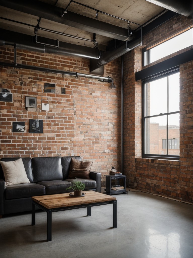 Industrial-inspired studio apartment design, incorporating raw materials, exposed brick walls, and sleek furniture for a cool and masculine ambiance.