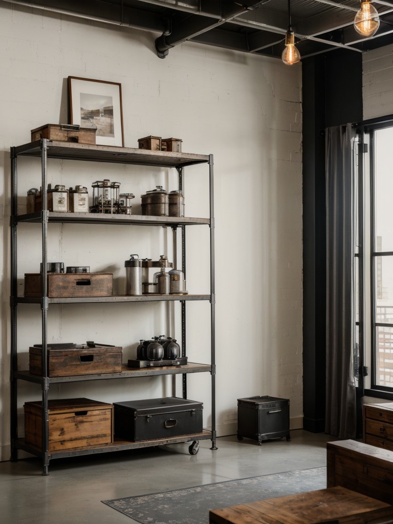 Industrial-inspired studio apartment layout, utilizing metal accents, open shelving, and vintage lighting fixtures for a masculine and raw aesthetic.