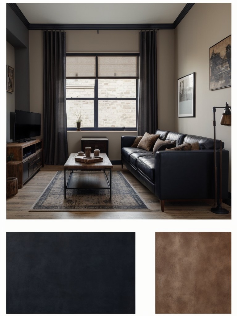 Masculine color scheme for a studio apartment, using shades of navy, charcoal, and earth tones, complemented with leather accents and rustic decor.