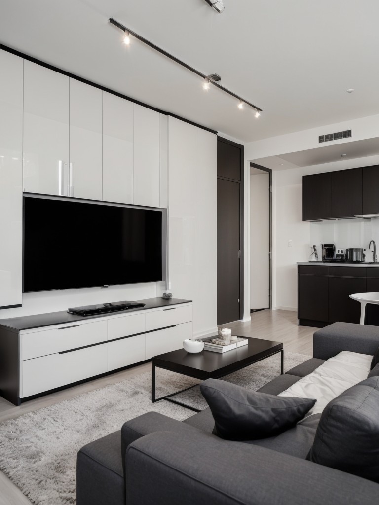 Modern bachelor pad studio apartment, with sleek furniture, high-tech appliances, and a monochromatic color scheme for a sophisticated and contemporary feel.