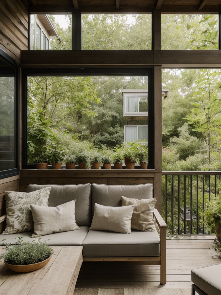 Outdoor-inspired studio apartment design, incorporating natural elements, greenery, and earthy tones to create a tranquil and organic living space.