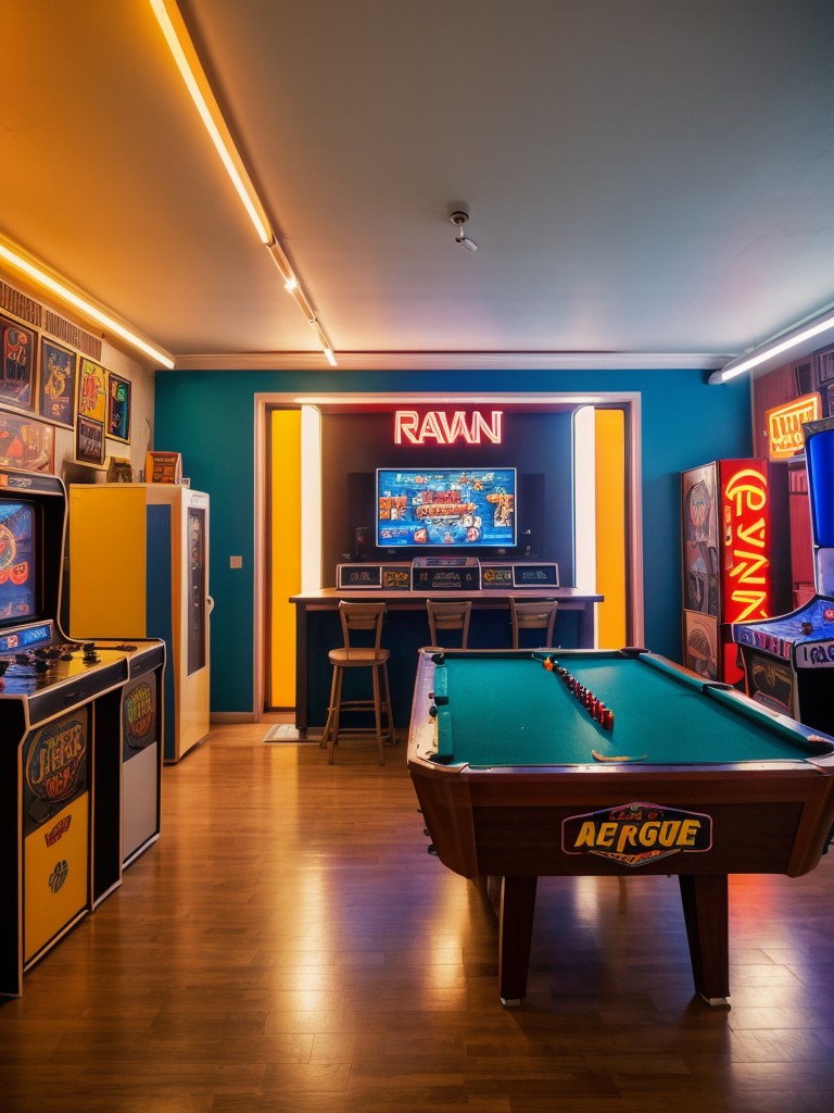 Retro gaming-inspired studio apartment, featuring vintage arcade games, retro posters, and colorful neon lighting for a fun and nostalgic vibe.