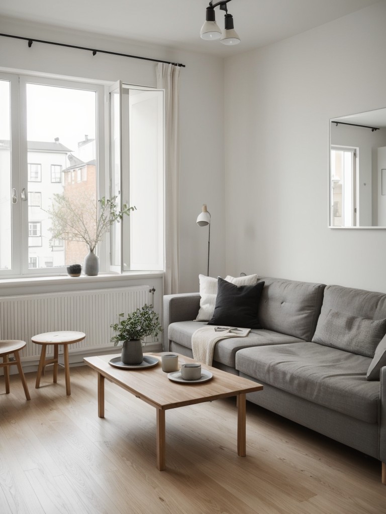 Scandinavian-style studio apartment, featuring clean lines, neutral tones, and light wood elements, creating a calm and relaxing environment for guys.