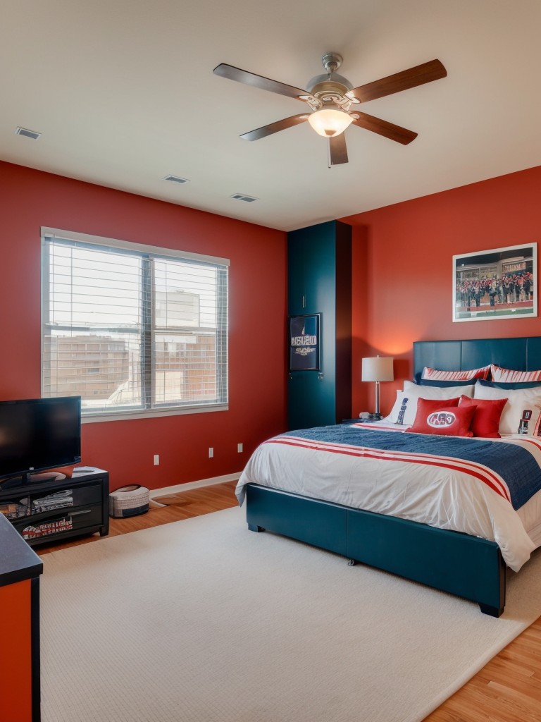 Sports-themed studio apartment, incorporating memorabilia displays, team color schemes, and unique sports-inspired decor for an energetic atmosphere.