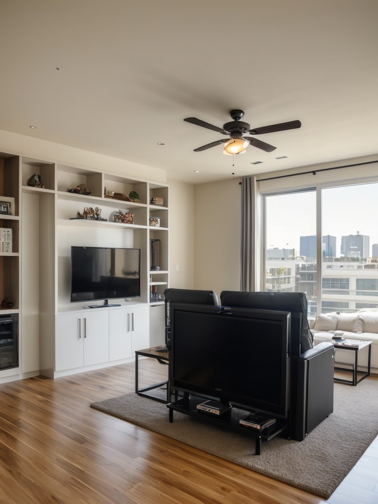 Tech-savvy gaming studio apartment, featuring dedicated areas for gaming consoles, comfortable seating, and custom storage solutions for equipment.