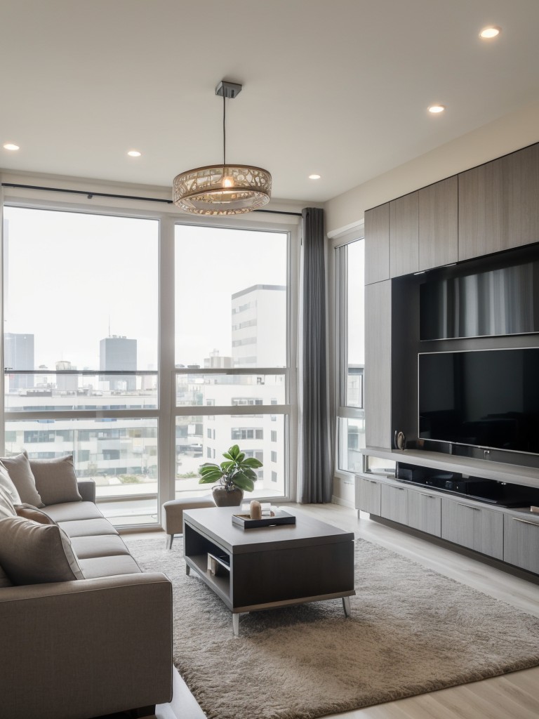 Tech-savvy studio apartment layout, featuring integrated smart home technology, built-in entertainment systems, and innovative lighting solutions.