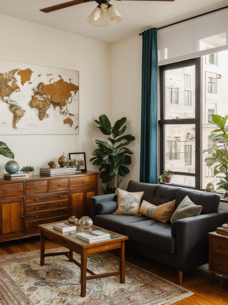 Travel-inspired studio apartment decor, showcasing souvenirs, maps, and globes, with a mix of eclectic furniture and cultural accents for a well-traveled aesthetic.