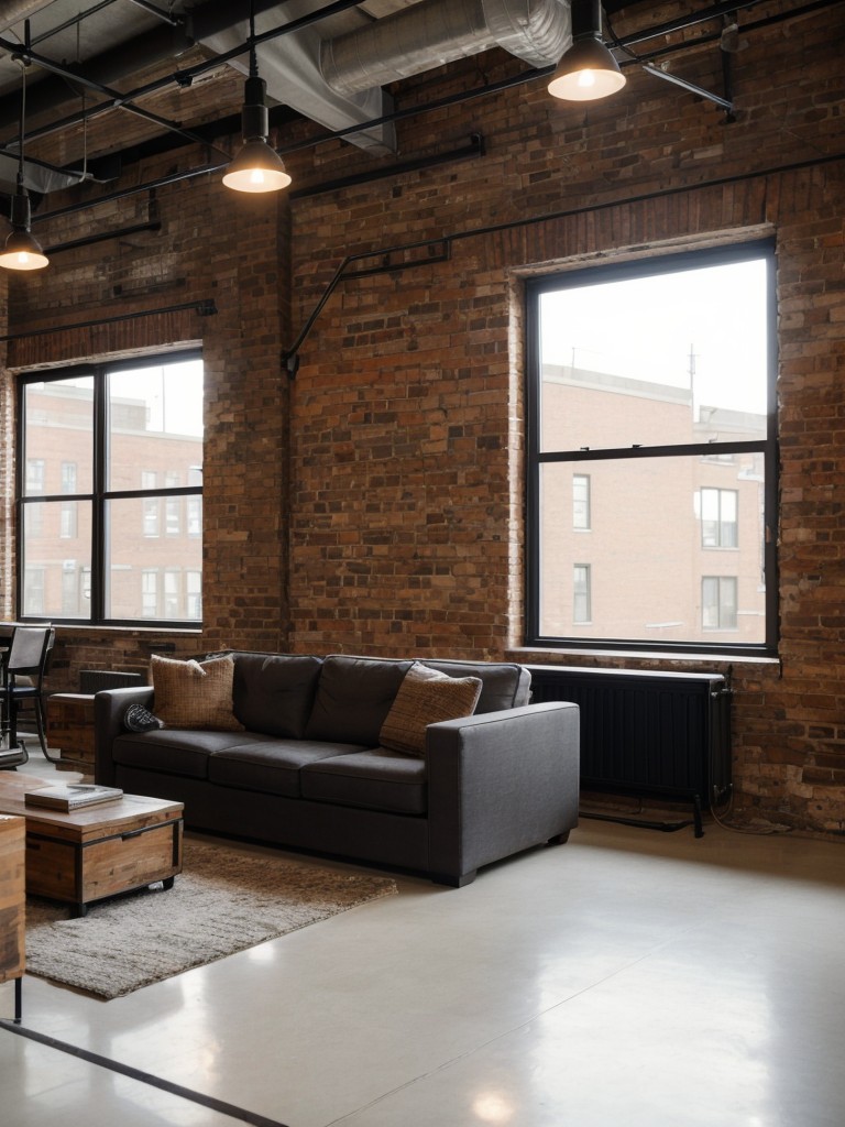 Urban loft-style studio apartment, with exposed brick walls, high ceilings, and open floor plans, creating a trendy and urban vibe for guys.