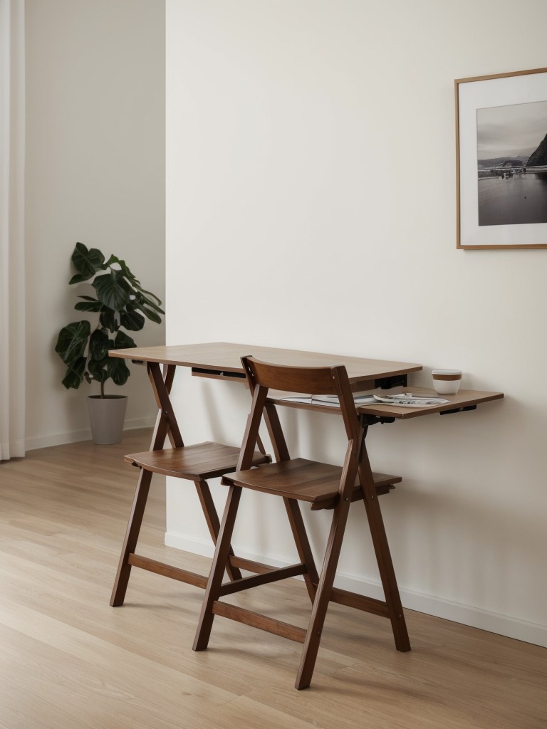 Consider a wall-mounted folding table for a home office area, paired with a comfortable chair that can easily be stored away when not in use.