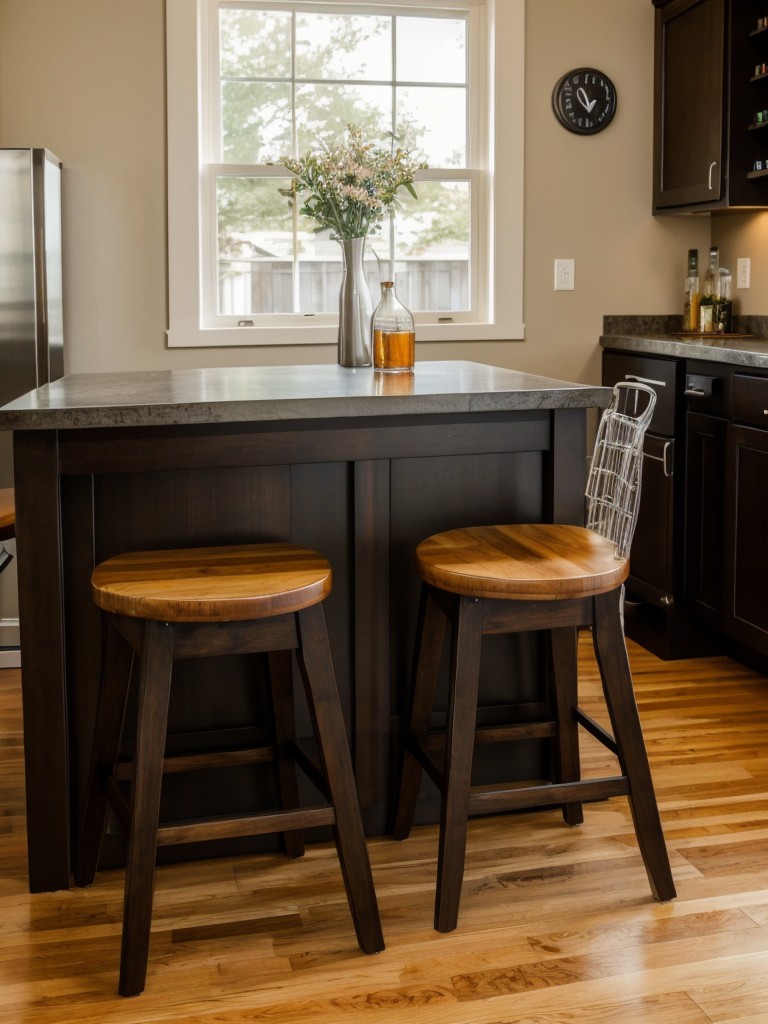 Incorporate a small dining table or bar counter to create a designated eating area, and consider using bar stools that can be tucked away when not in use.