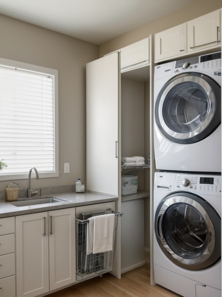 Install wall-mounted or foldable ironing boards and retractable clotheslines to make use of limited space for laundry needs, and consider stackable or compact appliances.
